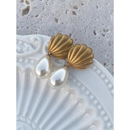 Frosted Shell Pearl Dangle Earrings – Vintage French Style