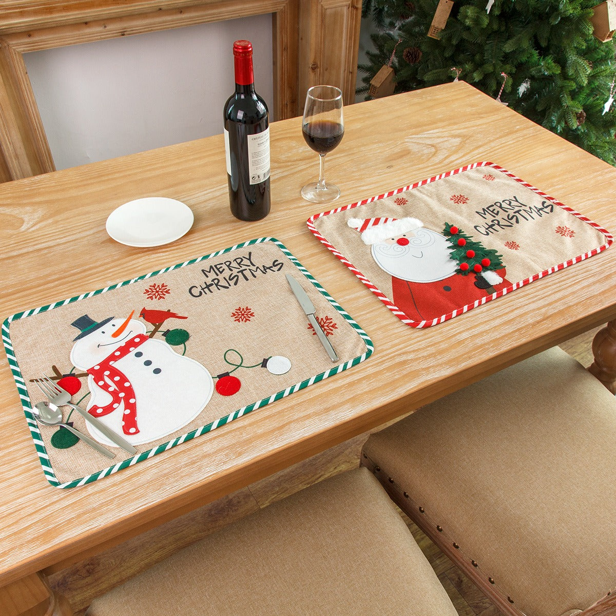 Embroidered Santa Claus & Snowman Christmas Meal Mat