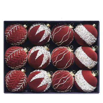 12-Piece Plush Christmas Ball Ornament Set - 8CM Colorful Brick Pattern for Tree Decoration