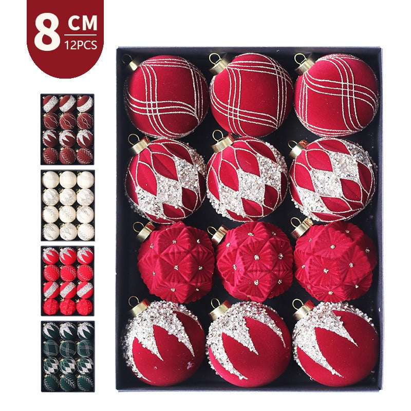 12-Piece Plush Christmas Ball Ornament Set - 8CM Colorful Brick Pattern for Tree Decoration