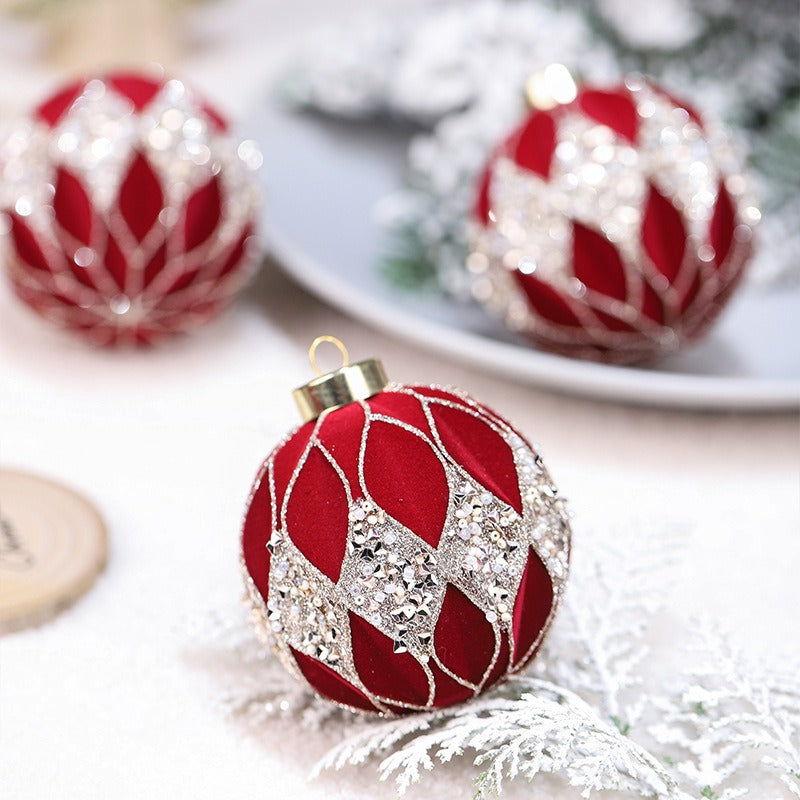 12-Piece Plush Christmas Ball Ornament Set - 8CM Colorful Brick Pattern for Tree Decoration