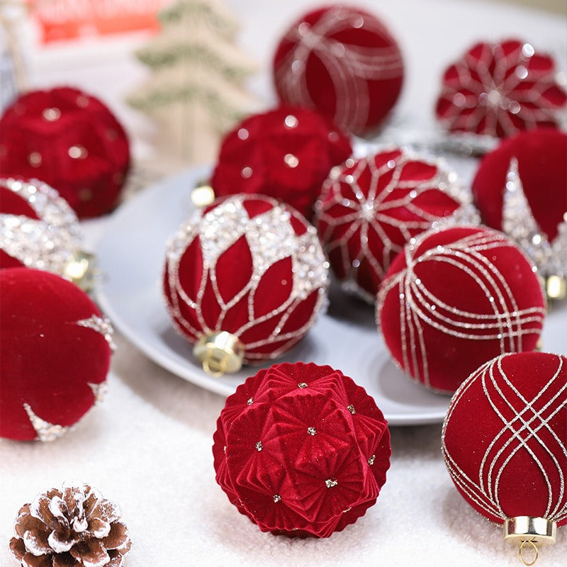 12-Piece Plush Christmas Ball Ornament Set - 8CM Colorful Brick Pattern for Tree Decoration