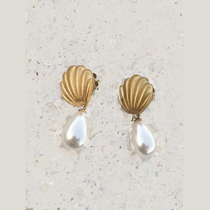 Frosted Shell Pearl Dangle Earrings – Vintage French Style